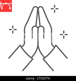 Icona linea mani piegate, grato e gratitudine, icona vettore di preghiera, grafica vettoriale, segno contorno tratto modificabile, eps 10. Illustrazione Vettoriale