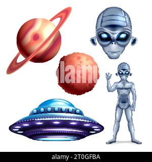Set ufo alieno con simboli dello spazio esterno illustrazione vettoriale isolata realistica Illustrazione Vettoriale