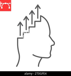 Icona della linea di autosviluppo, progressi e obiettivi, icona vettoriale della scala a forma di testa umana, grafica vettoriale, segno di contorno del tratto modificabile, eps 10. Illustrazione Vettoriale