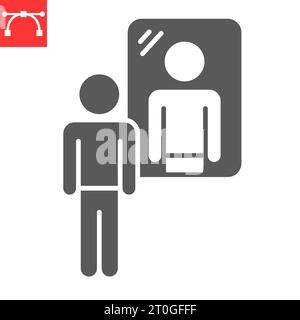 Icona del glifo di introspezione, consapevolezza e riflessione, uomo in piedi sull'icona del vettore di specchio, grafica vettoriale, segno solido di tratto modificabile, eps 10. Illustrazione Vettoriale