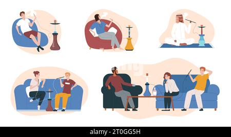 Cinque icone piatte con barra di narghilè isolate con persone di sesso e età diverse, illustrazioni di vettori di fumo Illustrazione Vettoriale