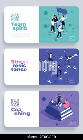 Tre banner di coaching per la resistenza allo stress isometrico orizzontali con codice qr e altre illustrazioni vettoriali isolate tramite pulsanti Illustrazione Vettoriale