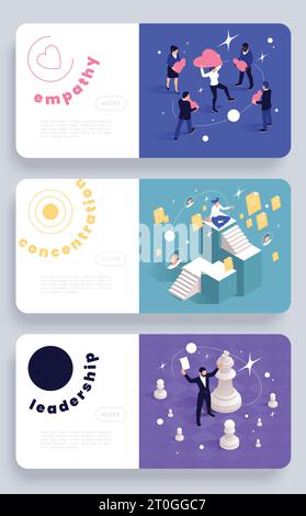 Competenze soft empatia leadership concentrazione banner Web orizzontali concettuali impostano illustrazioni vettoriali isolate isometriche Illustrazione Vettoriale