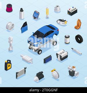 Diagramma di flusso isometrico delle parti di auto con illustrazione vettoriale delle parti di ricambio automatiche Illustrazione Vettoriale