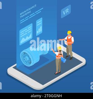 Concetto isometrico del servizio aereo con proiezione dei dettagli del velivolo nell'illustrazione del vettore spaziale vr Illustrazione Vettoriale