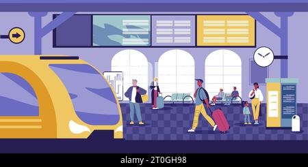 Concetto di piano della stazione ferroviaria con i passeggeri che entrano nell'illustrazione del vettore ferroviario Illustrazione Vettoriale