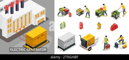 Composizione del generatore elettrico con simboli della batteria e della fonte di alimentazione illustrazione vettoriale isolata isometrica Illustrazione Vettoriale