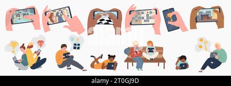 Giochi per dispositivi mobili con icone isolate di smartphone in mano con personaggi scarabocchi di giocatori illustrazioni vettoriali Illustrazione Vettoriale