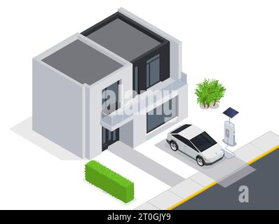 Concetto isometrico elettromobile con ricarica di auto elettriche di fronte all'illustrazione vettoriale della casa privata Illustrazione Vettoriale