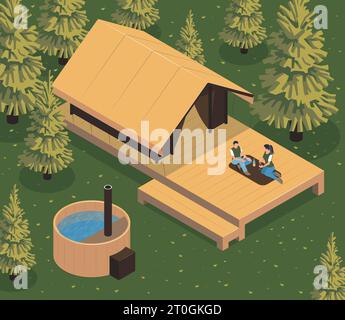 Composizione glamping isometrica con sfondo forestale e casa in legno con piscina e coppia amorevole su veranda illustrazione vettoriale Illustrazione Vettoriale