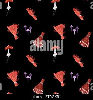 Modello senza cuciture. Pozioni a base di erbe essiccate, fiori secchi, agarici di mosca e toadstool viola. Carta da imballaggio per Halloween. Decorazioni autunnali. Acqua Foto Stock