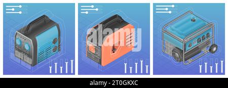 Generatore elettrico Set realistico di composizioni quadrate con immagini isometriche di generatori di potenza e icone di contorno illustrazione vettoriale Illustrazione Vettoriale