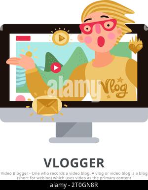 Vlogger sfondo con suggerimenti di viaggio blog simboli vettore piatto illustrazione Illustrazione Vettoriale