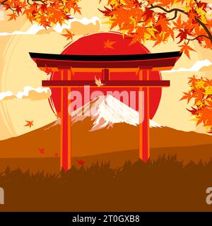 Il Monte Fuji in autunno è una meraviglia naturale mozzafiato che affascina persone da tutto il mondo. Durante questa stagione, l'iconico vulcano si trasforma Illustrazione Vettoriale