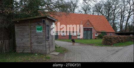 Itterbeck, Germania - 22 marzo 2023 di fronte a questa tradizionale azienda agricola tedesca si trova una capanna dove vengono vendute uova biologiche. Un cane protegge la proprietà Foto Stock