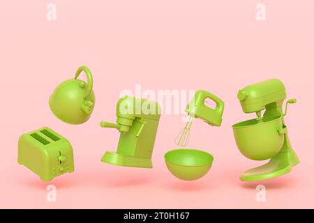Macchina per caffè espresso, mixer manuale, bollitore e tostapane per preparare la colazione su sfondo monocromatico. 3d rendita di caffettiera per la preparazione di latte cof Foto Stock