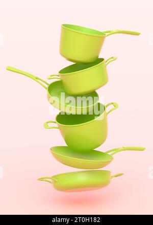 Set di pentola volante in acciaio inox, padella e pentole in alluminio cromato su sfondo monocromatico. 3d resa di utensile da cucina antiaderente Foto Stock