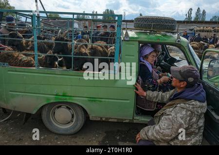 Kochkor, Kirghizistan - 30 settembre 2023: Mercato settimanale degli animali domenicali a Kochkor, Kirghizistan. Foto Stock