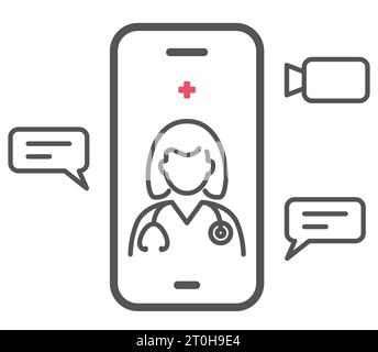 Consultazione online con medico, telemedicina, terapia online e linea di telesalute icona, vettore Illustrazione Vettoriale