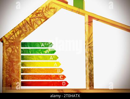 Concetto di casa a risparmio energetico con segnale grafico di classificazione, isolamento della classificazione dell'efficienza energetica domestica, sistema di certificazione Smart eco House in legno, GO Foto Stock