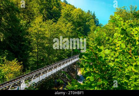 La funivia più antica d'Europa con vista sul Lago di Brienz con la montagna a Giessbach, Brienz, Oberland Bernese, Cantone di Berna, Svizzera Foto Stock