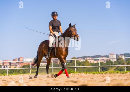 Giovane bionda caucasica che cavalca a cavallo con un cavallo marrone, vestita da cavaliere nero con berretto di sicurezza Foto Stock