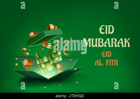 Confezione regalo 3D. Ramadhan ketupat. Confezione regalo verde aperta. Biglietto d'auguri Ramadan. Lebaran e lanterna. Banner islamico per le vacanze. Regalo natalizio. Moschea e tamburo. EID Mubarak Festival. Sfondo vettore Illustrazione Vettoriale