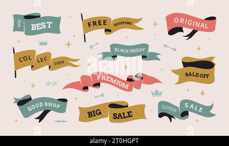 Nastri. Logo testuale, banner grafico per etichette di birra retrò, forme semplici disegnate a mano. Super vendita, frasi di buona qualità. Collezione emblemi promozione shopping. Offerta speciale. Nastro Vector swirl Illustrazione Vettoriale