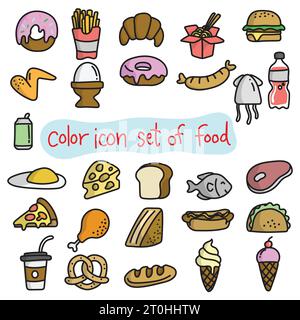 set di icone a colori per illustrazione fast food con doodle vettoriale isolato su sfondo bianco Illustrazione Vettoriale