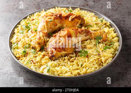 Deliziose cosce di pollo arrosto fatte in casa con cipolle fritte servite con pilau speziato da vicino in un piatto sul tavolo. Orizzontale Foto Stock