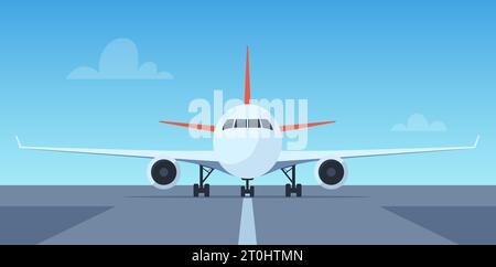 Aereo passeggeri in pista, vista frontale. illustrazione del decollo degli aeromobili passeggeri. Aeroporto con aerei sul campo di aviazione. Illustrazione vettoriale Illustrazione Vettoriale