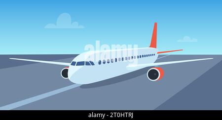 Aereo passeggeri in pista, vista frontale. illustrazione del decollo degli aeromobili passeggeri. Aeroporto con aerei sul campo di aviazione. Illustrazione vettoriale Illustrazione Vettoriale