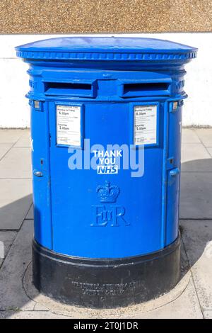 Scatola a colonna a doppia apertura Blue NHS all'esterno del St Thomas' NHS Hospital, Lambeth Palace Road, Borough of Lambeth, Greater London, Inghilterra, Regno Unito Foto Stock