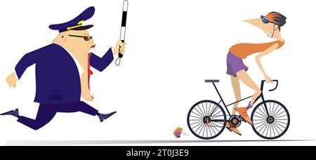 Poliziotto arrabbiato che corre dietro un ciclista. Un ciclista spaventato che cerca di allontanarsi dal poliziotto del traffico che urla arrabbiato. Isolato Illustrazione Vettoriale