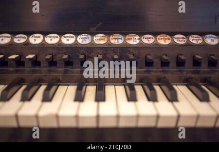 Tastiera e pistoni combinati di un organo, Organ Museum Borgentreich, distretto di Höxter, Renania settentrionale-Vestfalia, Germania, Europa Foto Stock