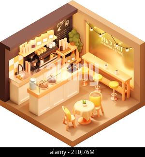 Caffetteria Vector isometric o caffetteria. Interno del caffè con grande finestra, macchina per il caffè e macinacaffè, tavoli, posti a sedere, bancone, registratore di cassa e menu Illustrazione Vettoriale