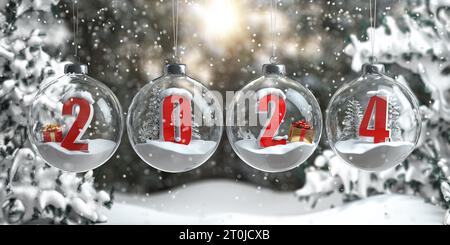 2023 Felice Anno Nuovo. Numeri 2022 con alberi di cristmas, regali e fiocchi di neve in baubles di vetro o palle, decorazione di Capodanno. illustrazione 3d Foto Stock