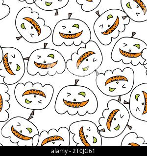 Motivo senza cuciture con zucche di Halloween. Lanterna arancione Jack disegnata con facce intagliate nel doodle Illustrazione Vettoriale
