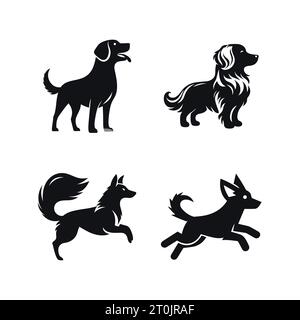 Set di diverse sagome di cani su sfondo bianco. Illustrazione vettoriale Illustrazione Vettoriale