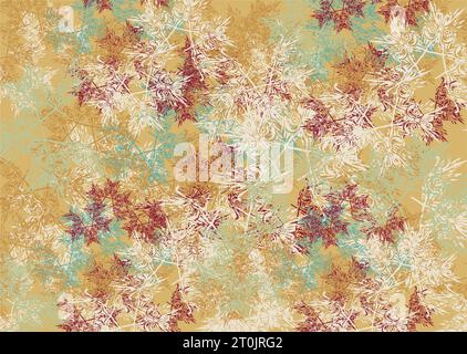 Sfondo decorativo dorato con elementi floreali colorati come fiocchi di neve. Sfondo strutturato in tonalità rosso pastello scuro per tessuti, coperture, ecc. Foto Stock
