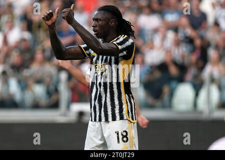 Torino, Italia. 7 ottobre 2023. Moise Kean della Juventus FC gestures durante la partita di serie A tra Juventus FC e Torino FC allo stadio Juventus di Torino (Italia), 6 ottobre 2023. Crediti: Insidefoto di andrea staccioli/Alamy Live News Foto Stock