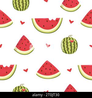 Motivo cocomero succoso e maturo senza cuciture, illustrazione vettoriale di colori in tonalità rosso e verde Illustrazione Vettoriale