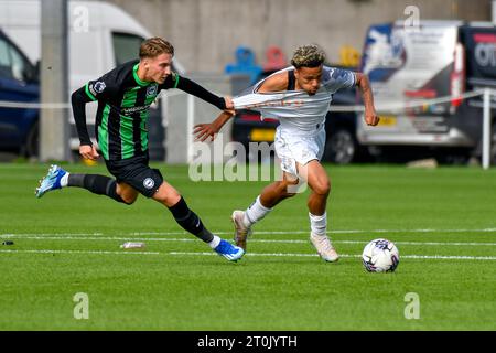 Swansea, Galles. 7 ottobre 2023. Casper Nilsson di Brighton & Hove Albion tira la maglia di Zane Myers di Swansea City durante la partita di Premier League Cup tra Swansea City Under 21 e Brighton & Hove Albion Under 21 alla Swansea City Academy di Swansea, Galles, Regno Unito, il 7 ottobre 2023. Crediti: Duncan Thomas/Majestic Media/Alamy Live News. Foto Stock