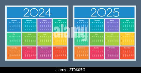 Calendario colorato per 2024 e 2025 anni. La settimana inizia la domenica. Illustrazione vettoriale isolata. Illustrazione Vettoriale