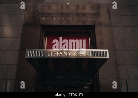 Facciata della famosa compagnia Tiffany di lusso situata a Manhattan, New York. Tiffany and Company è un rivenditore di gioielli e specialità di lusso americano Foto Stock