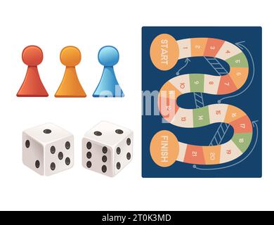 Gioco di viaggio con scala, figura e dadi, con illustrazione vettoriale isolata su sfondo bianco Illustrazione Vettoriale