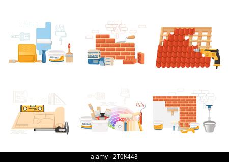 Collezione di riparazione di tetti e pareti con illustrazione vettoriale dei materiali isolata su sfondo bianco Illustrazione Vettoriale