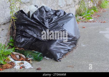 Una foto di un sacchetto nero di spazzatura accanto a una bottiglia di birra vuota sul lato di un percorso. Foto Stock