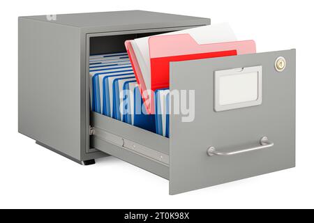 Armadio di archiviazione aperto con cartelle, rendering 3D isolato su sfondo bianco Foto Stock