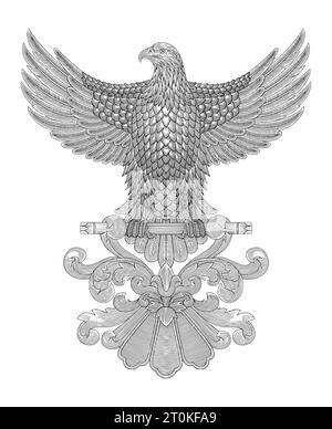 Ala con aquila calva e in piedi sopra l'ornamento floreale, stile di disegno con incisione Vintage, illustrazione vettoriale dal design antico Illustrazione Vettoriale